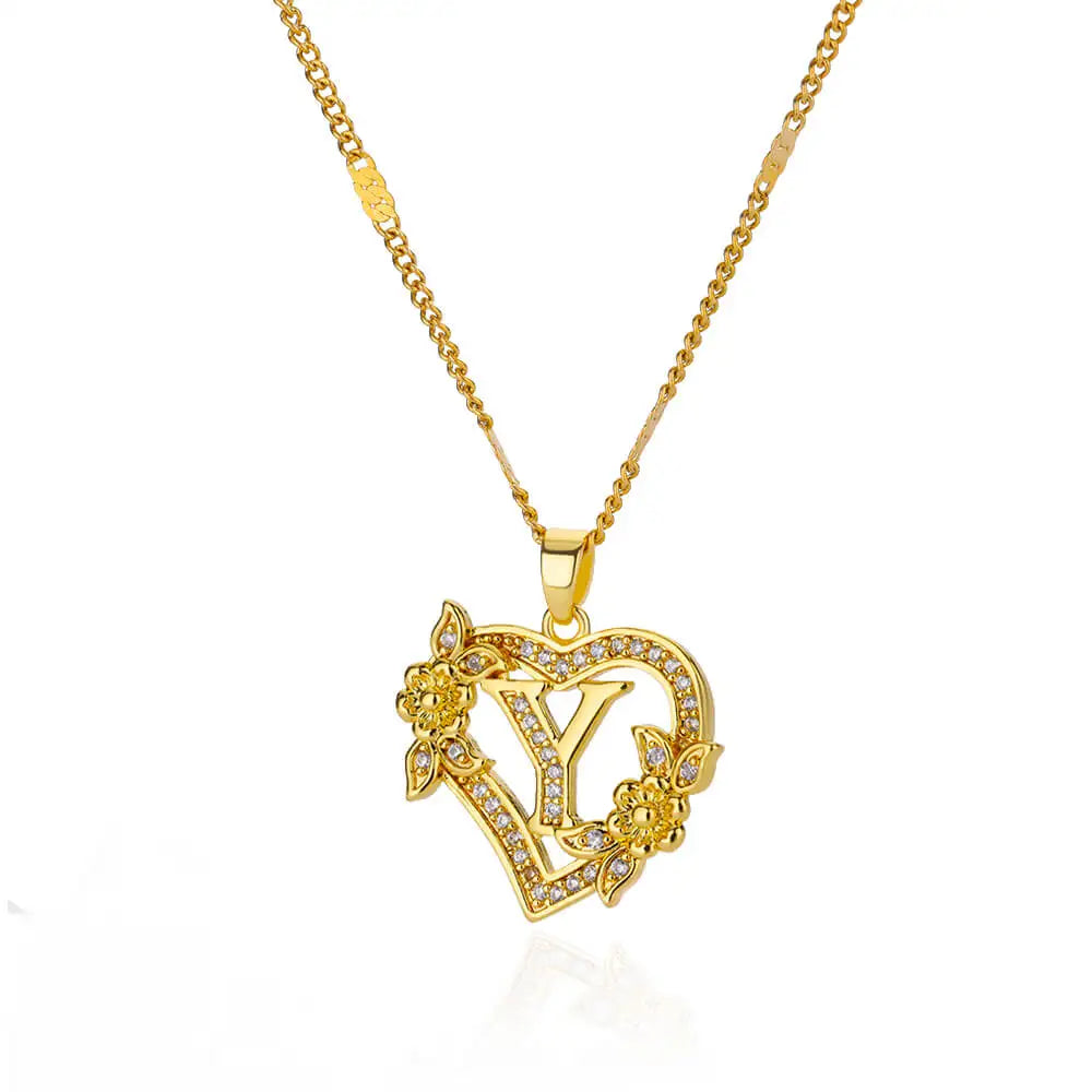 Initials Gold Necklace Zircon Flower Love Heart