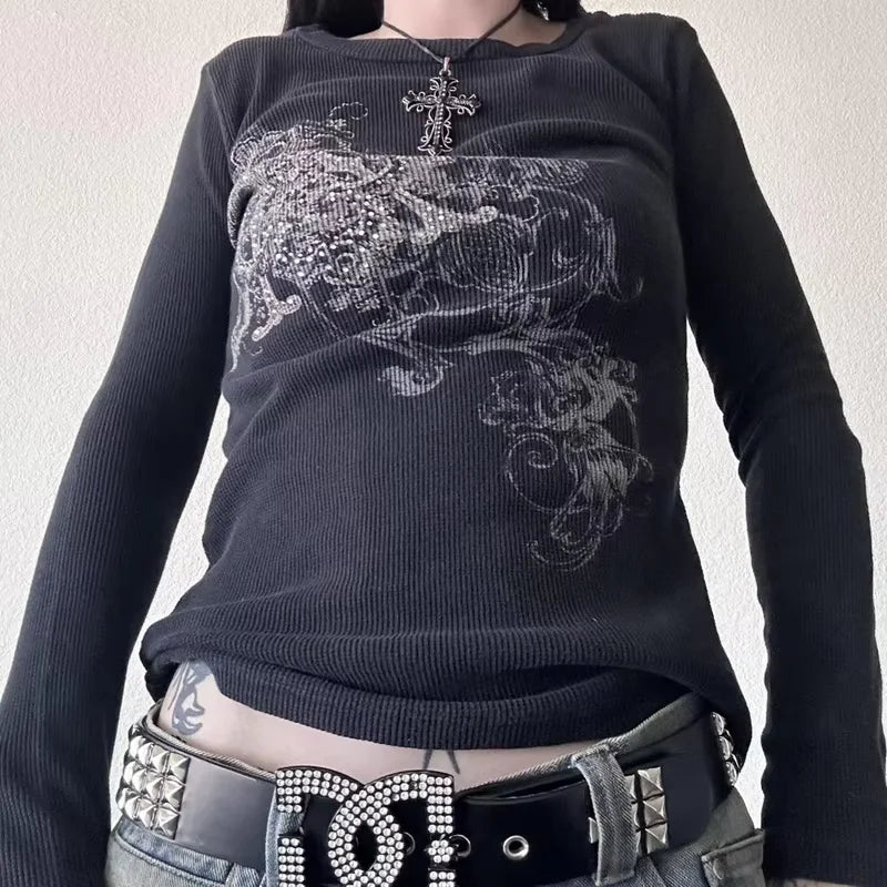 Y2K Grunge Cyber Mall Emo Goth Long Sleeve T-shirt Graphic Print