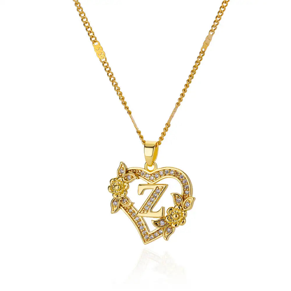 Initials Gold Necklace Zircon Flower Love Heart