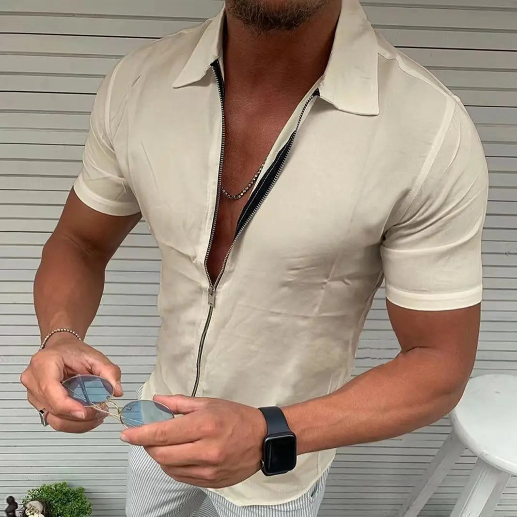 Men's Lightweight Zipper Short Sleeve Shirt Slim Fit