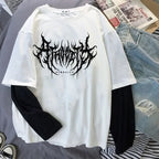 White gothic art design t-shirt with black graphic design loose fit baggy women style