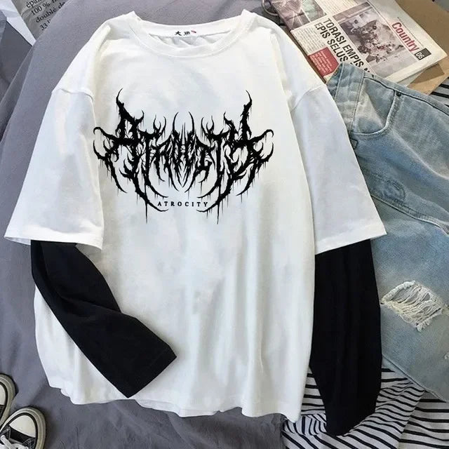 White gothic art design t-shirt with black graphic design loose fit baggy women style
