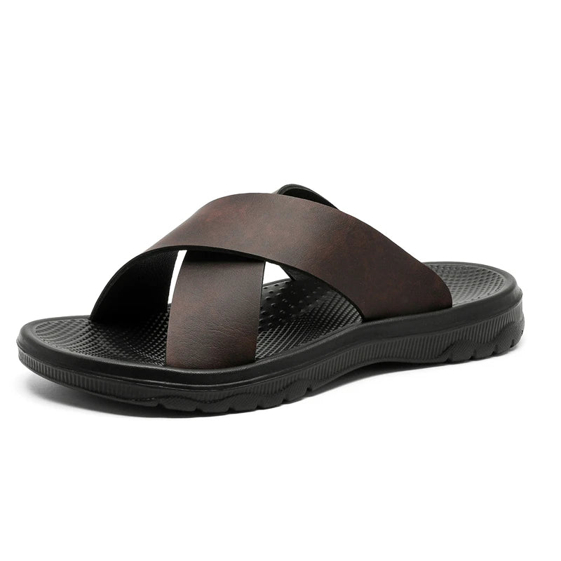 Men's Leather Sandals Crisscross Straps with Soft Sole