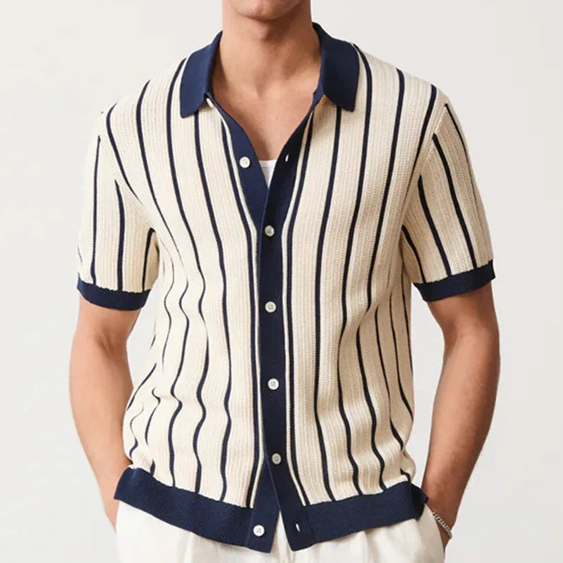 Men's Knit Polo Full Button Shirt With Stripes