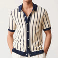 Men's Knit Polo Full Button Shirt With Stripes