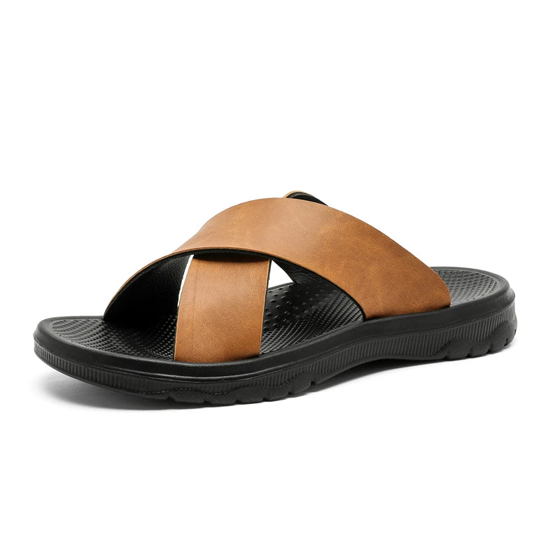 Men's Leather Sandals Crisscross Straps with Soft Sole