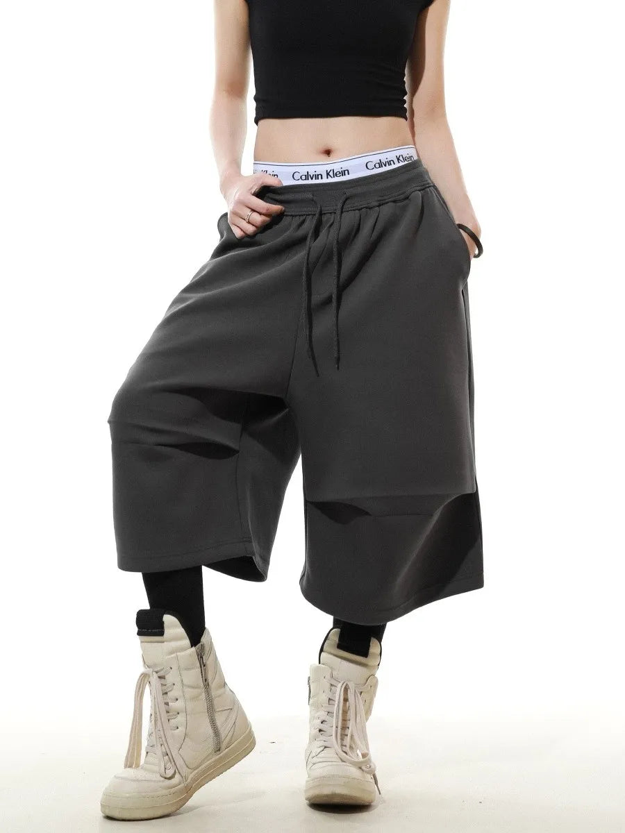 Ultra Long Baggy Sweat Shorts Irregular Pleat Wide Leg New Wave Streetwear