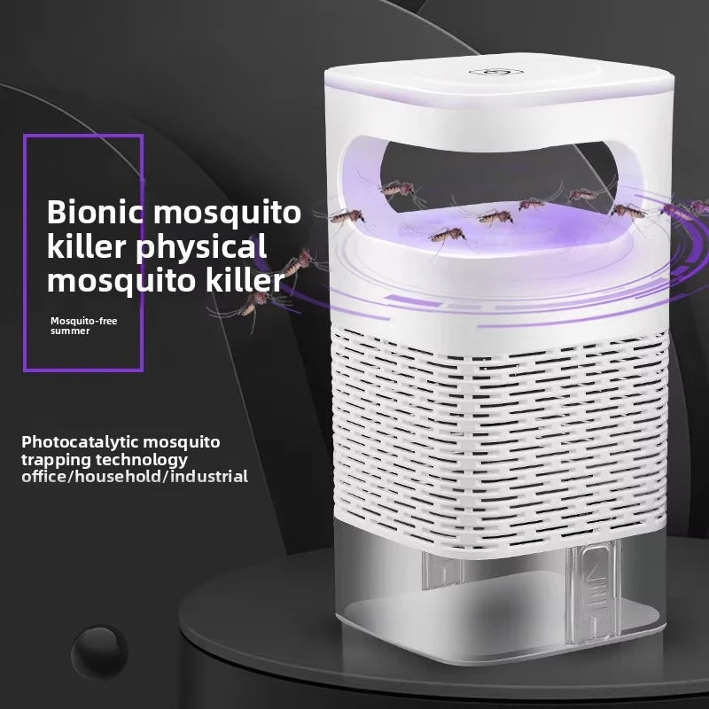 Bionic mosquito killer device on a dark background with text highlighting features.