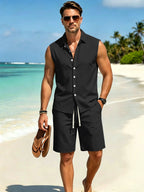 Summer Men's Two Piece Shirt Shorts Outfit Set