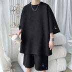 T-shirt and Shorts Set Waffle Raised Lettering Relaxed Fit Outfit