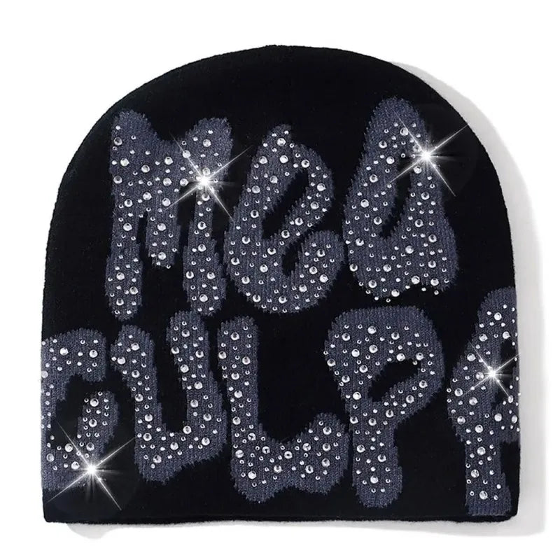 Mea Culpa Beanie With Rhinestones Warm Slouchy Cap