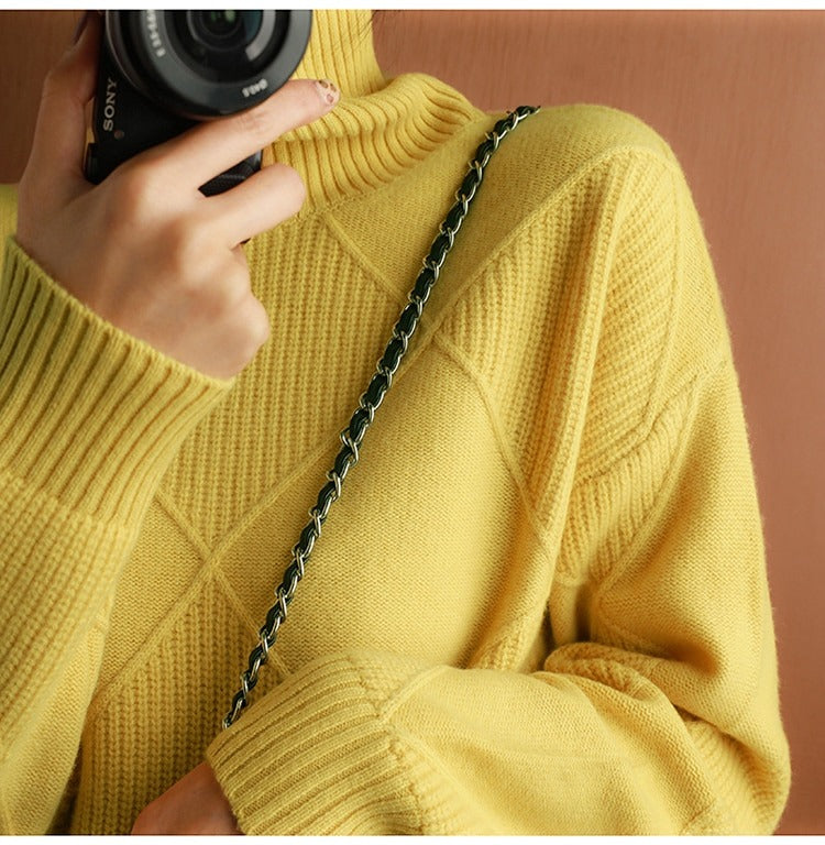 Drapey Turtleneck Diamond Argyle Pattern Knitted Pullover Women's