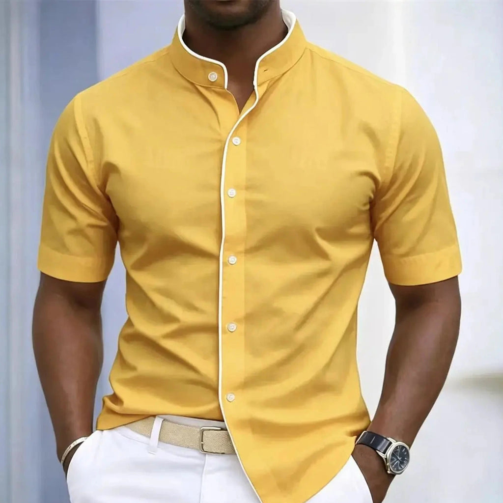 Short Sleeved Stretchy Shirt Mandarin Collar