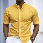 Short Sleeved Stretchy Shirt Mandarin Collar