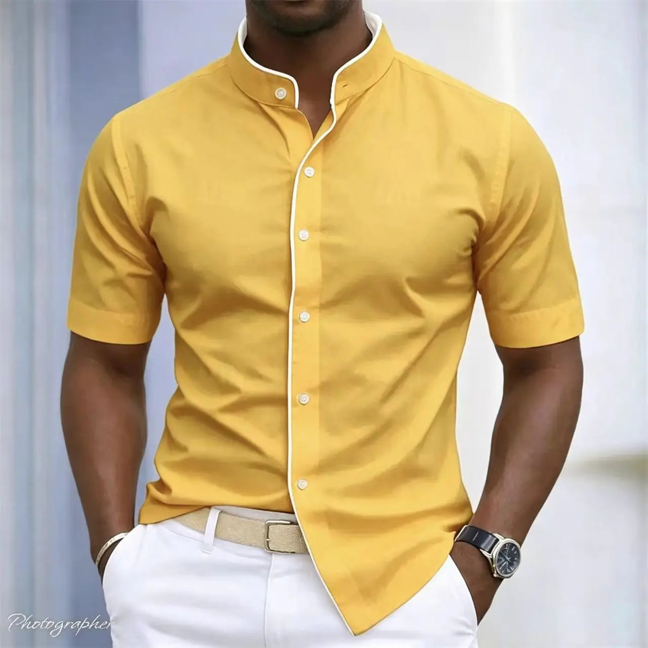 High Neck Short Sleeved Stretchy Shirt Mandarin Collar