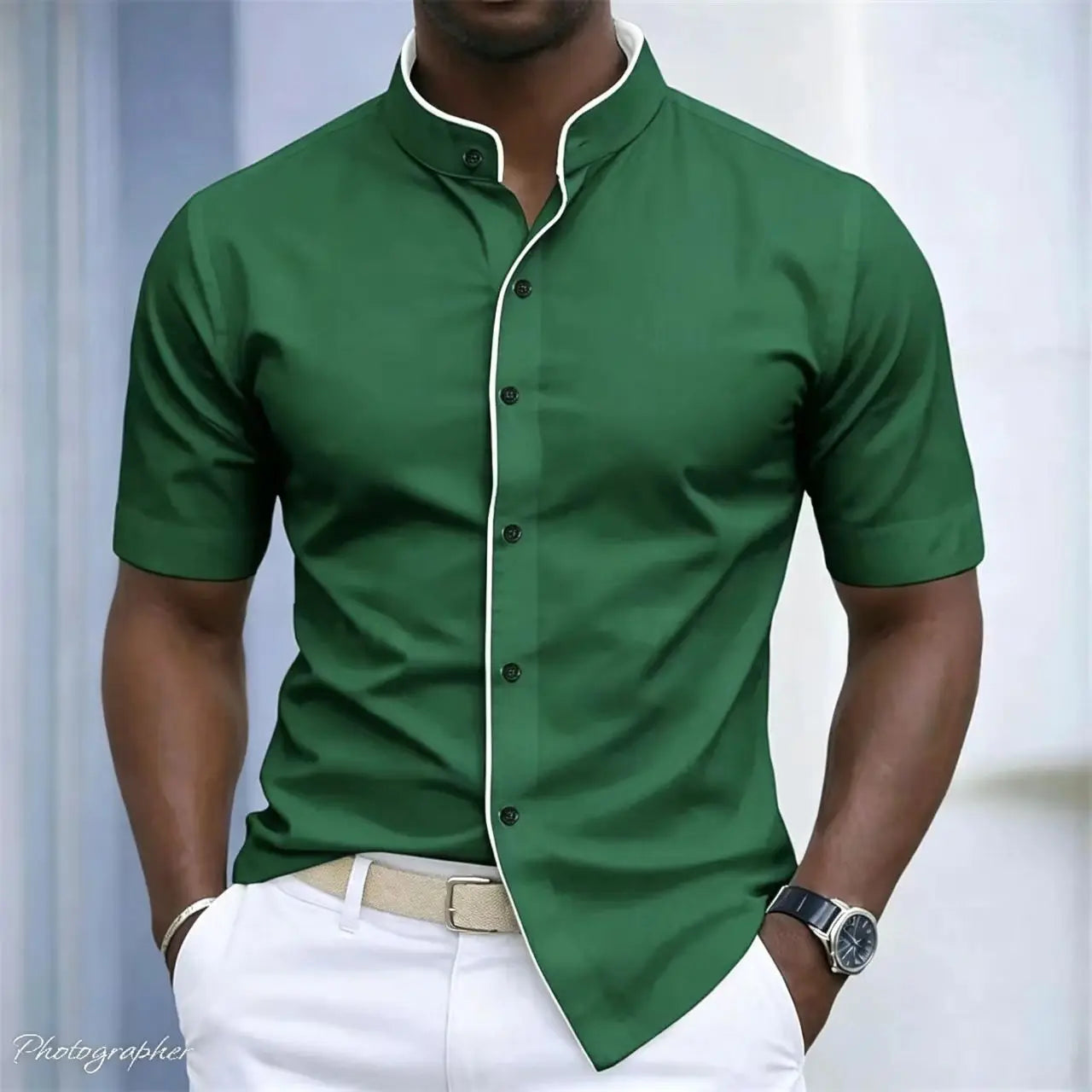 High Neck Short Sleeved Stretchy Shirt Mandarin Collar