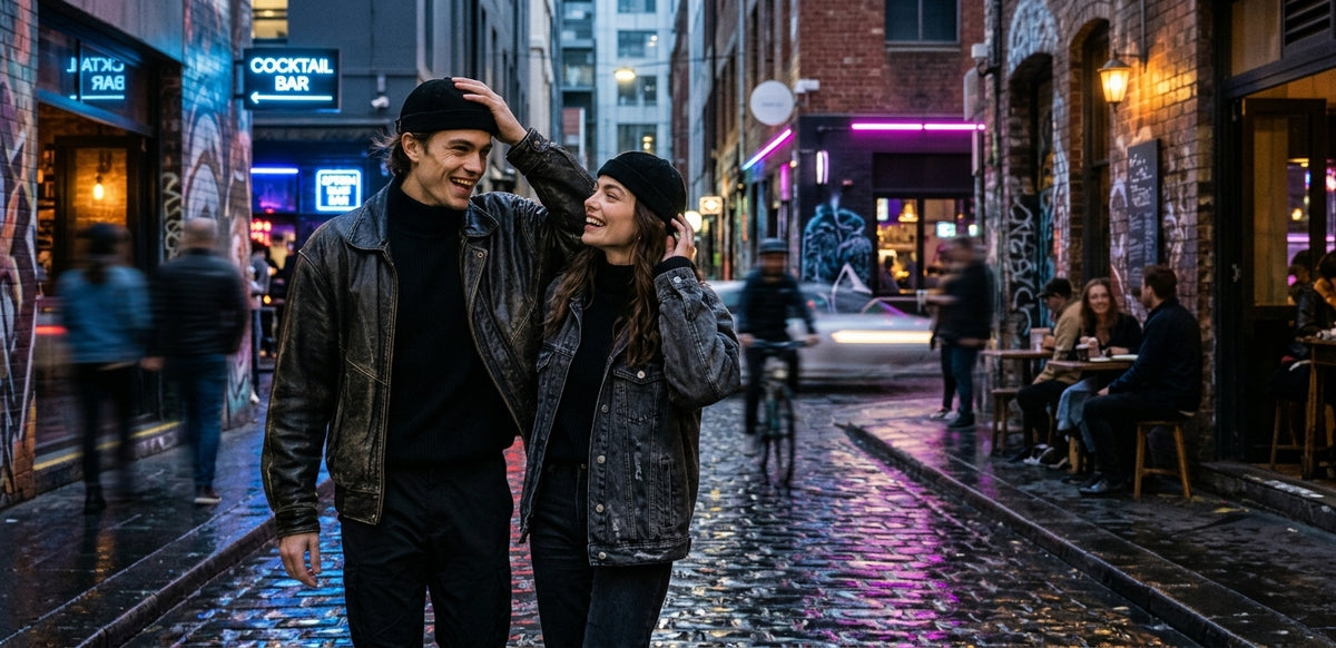 A couple on a wet, cobblestone Melbourne city street at night. The man wears Keep Melbourne Marvellous label.