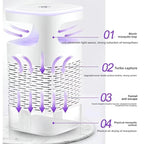 A mosquito trap device with purple airflow arrows. 