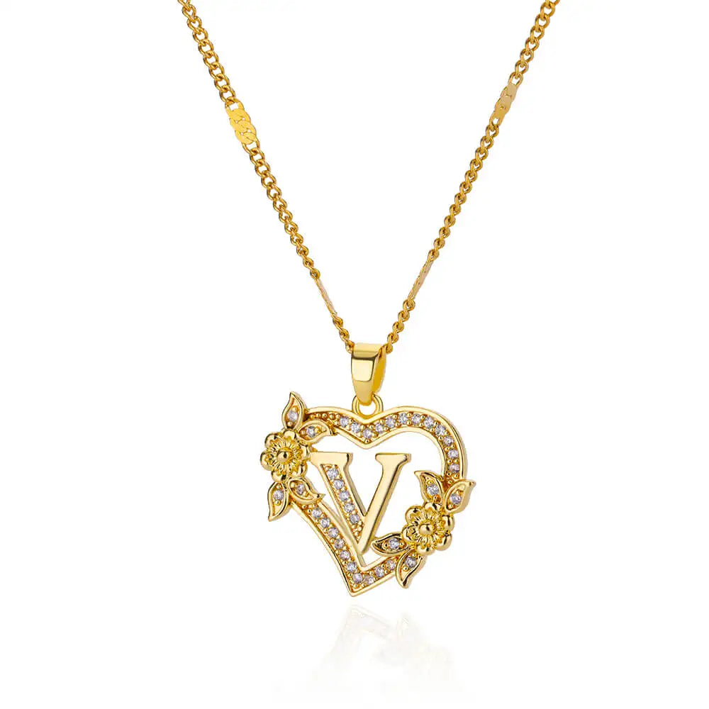Initials Gold Necklace Zircon Flower Love Heart