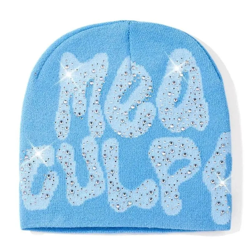 Mea Culpa Beanie With Rhinestones Warm Slouchy Cap