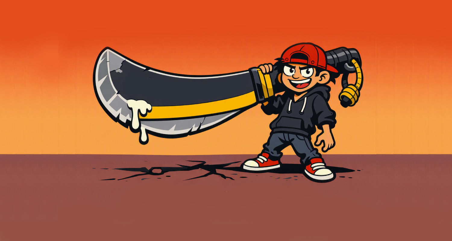 A mock over-the-top cartoon ridiculing a Melbourne machete thug youth crime gang member.