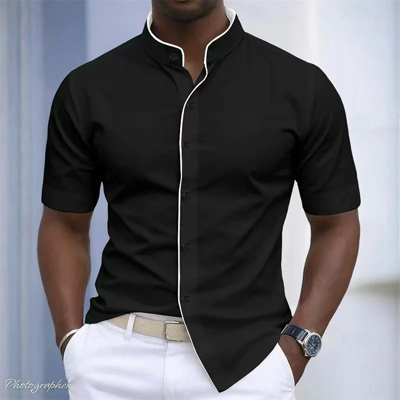 High Neck Short Sleeved Stretchy Shirt Mandarin Collar