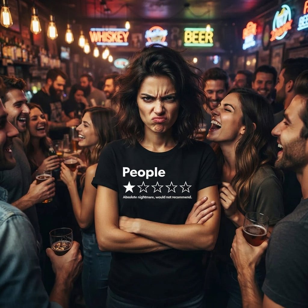 A woman in a crowded bar wearing a black graphic t-shirt with a white 1-star review design and the word 'People'.