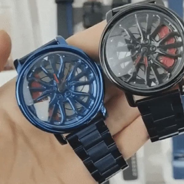 Racing Car Spinning Wheel Hands Dials Watch Rotating Face. 