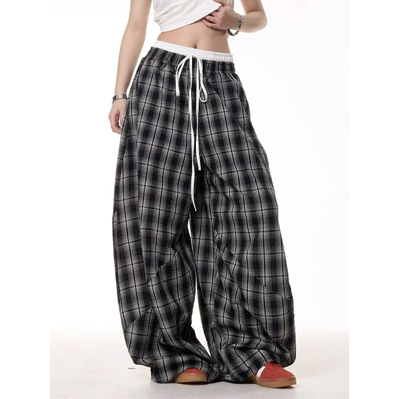Double Waist Plaid Patchwork Wide Leg Baggy Pants
