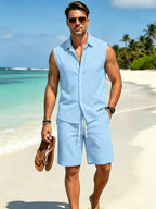 Summer Men's Two Piece Shirt Shorts Outfit Set