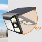 Solar-powered outdoor wall light with integrated LED panels, and a motion sensor and '90°' adjustable mounting angle.