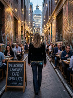 Woman in a Melbourne lane wearing iconic diamond Statue of Liberty USA denim jeans.