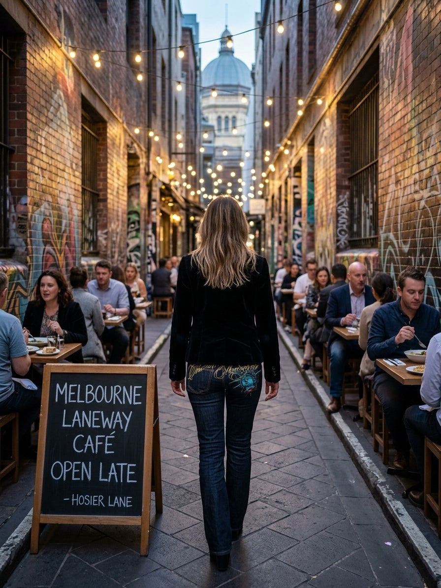 Woman in a Melbourne lane wearing iconic diamond Statue of Liberty USA denim jeans.