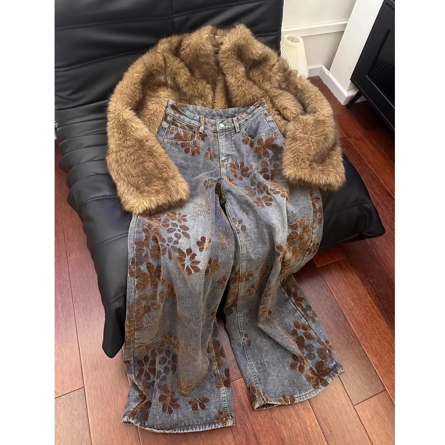 Retro Floral Embroidery Wide Leg Women's Jeans