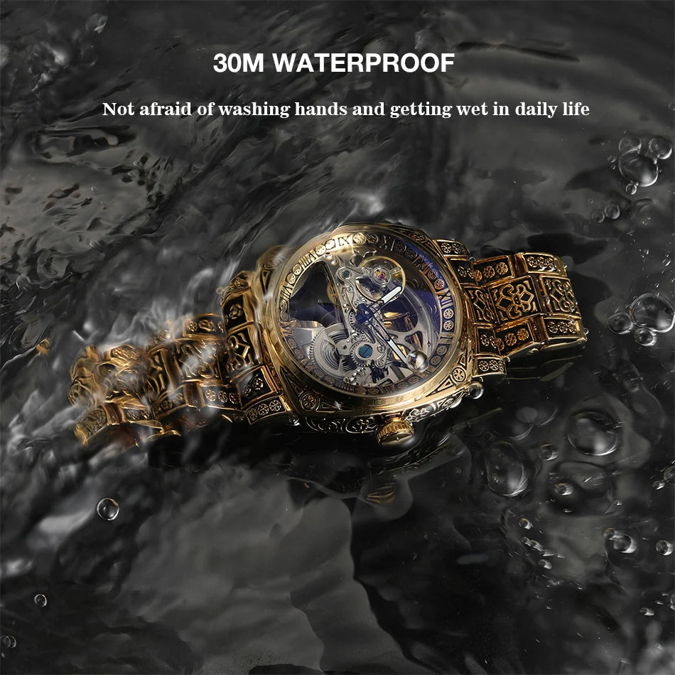 Statement Skeleton Mechanical Watch Stainless Steel Bronze Strap
