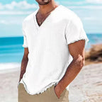 Men's Lightweight V-Neck Frayed Edge T-shirt - Casual Summer Beach Top