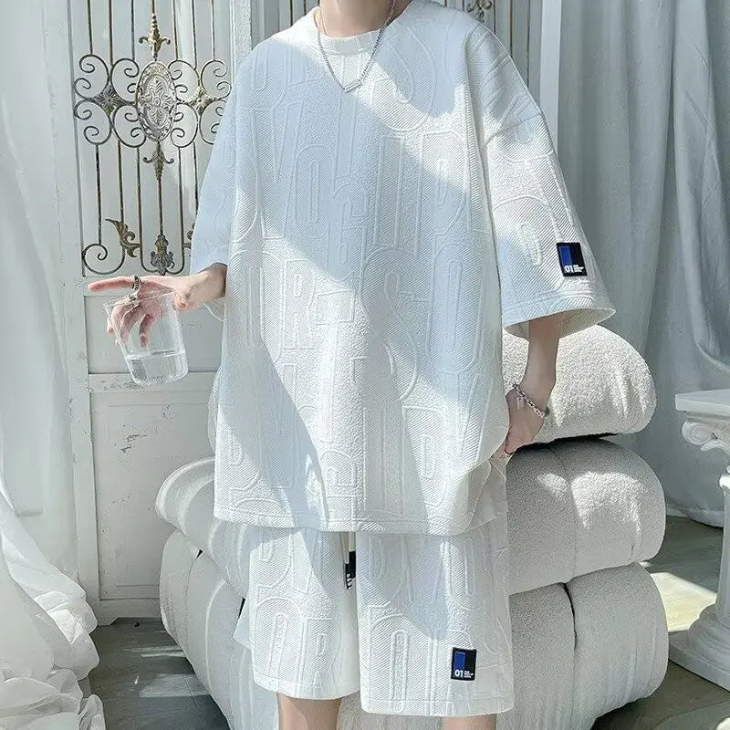 T-shirt and Shorts Set Waffle Raised Lettering Relaxed Fit Outfit