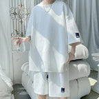 T-shirt and Shorts Set Waffle Raised Lettering Relaxed Fit Outfit