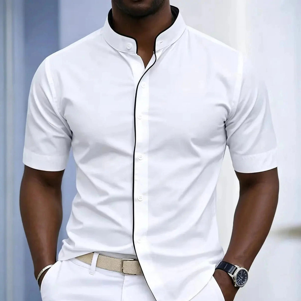 Short Sleeved Stretchy Shirt Mandarin Collar
