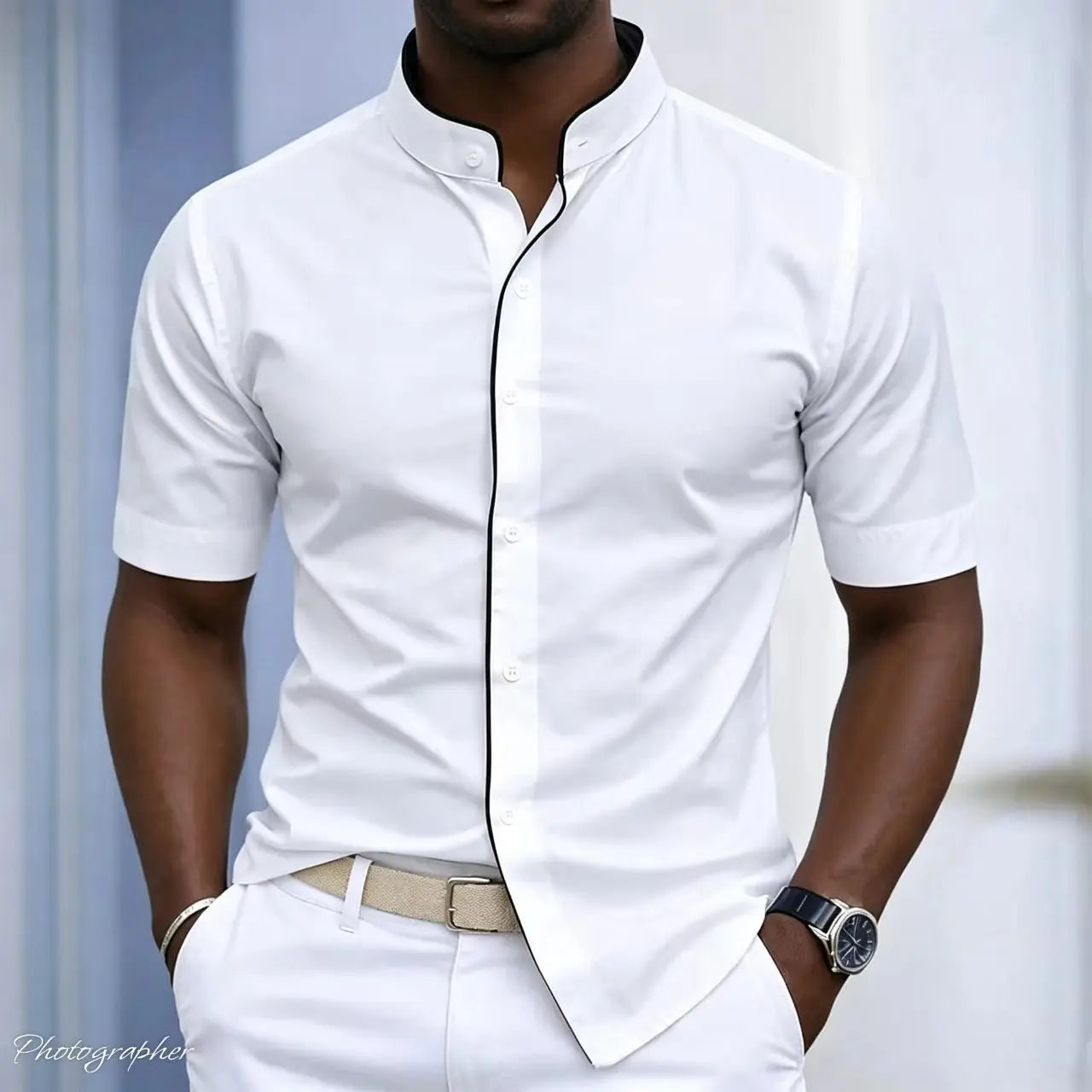 High Neck Short Sleeved Stretchy Shirt Mandarin Collar