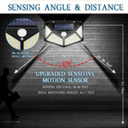Solar-powered motion sensor light with sensing angle and distance diagram on a brick wall background.
