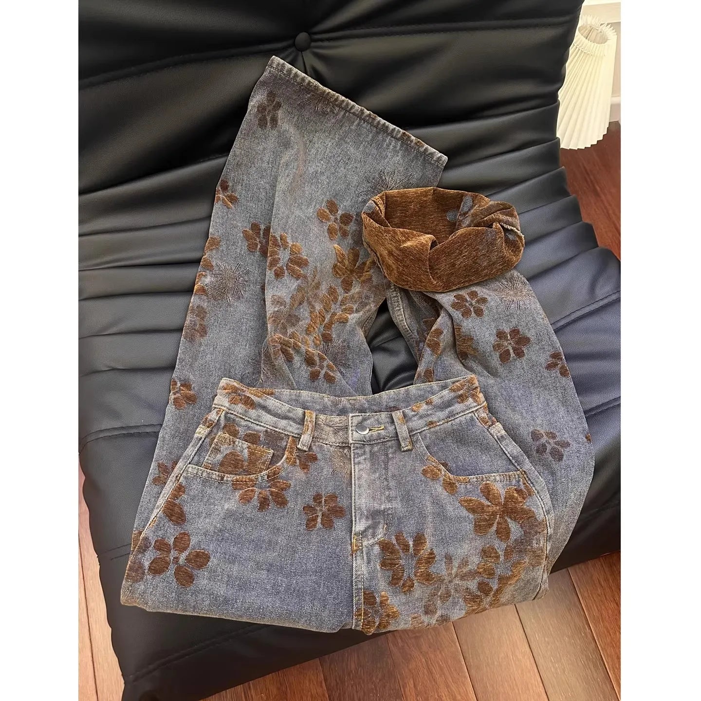 Retro Floral Embroidery Wide Leg Women's Jeans