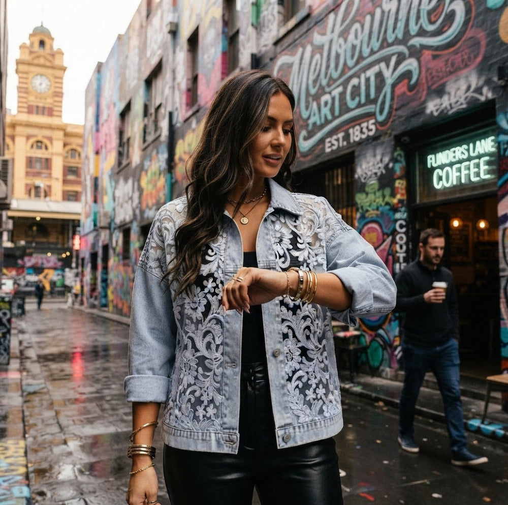 Women's Floral Lace Embroidered Patchwork Denim Jacket