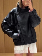 Women's Biker Jacket Faux Leather Motorcycle High Collar