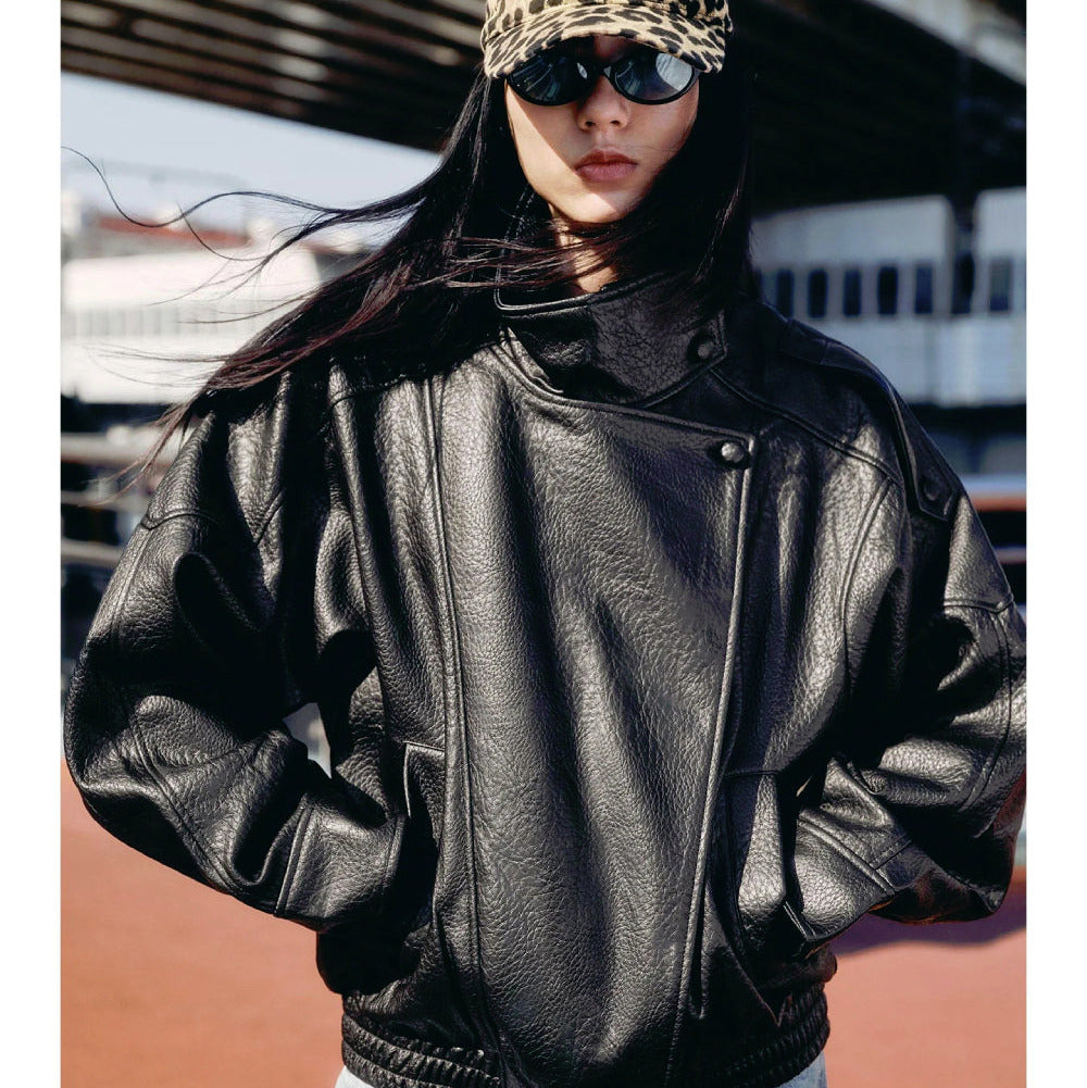 Women's Jacket Faux Pebble Leather Motorcycle Style High Collar