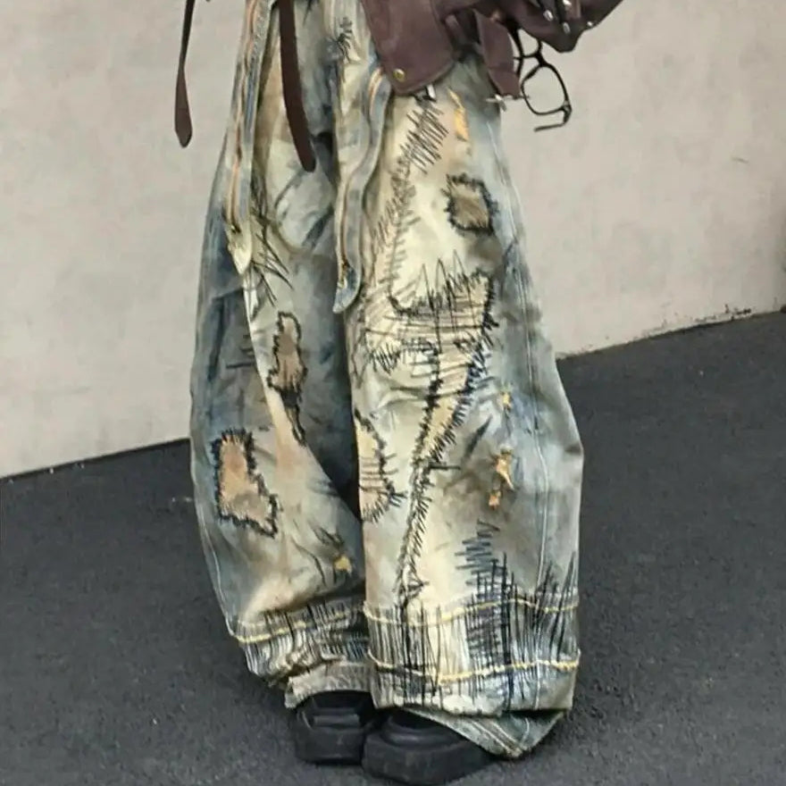 American Street Distressed Embroidered Ultra Baggy Denim Jeans Oversized Retro Wide Leg