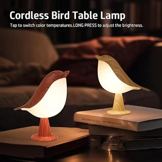 Two bird-shaped lampshades on a wooden base with a blurred background.