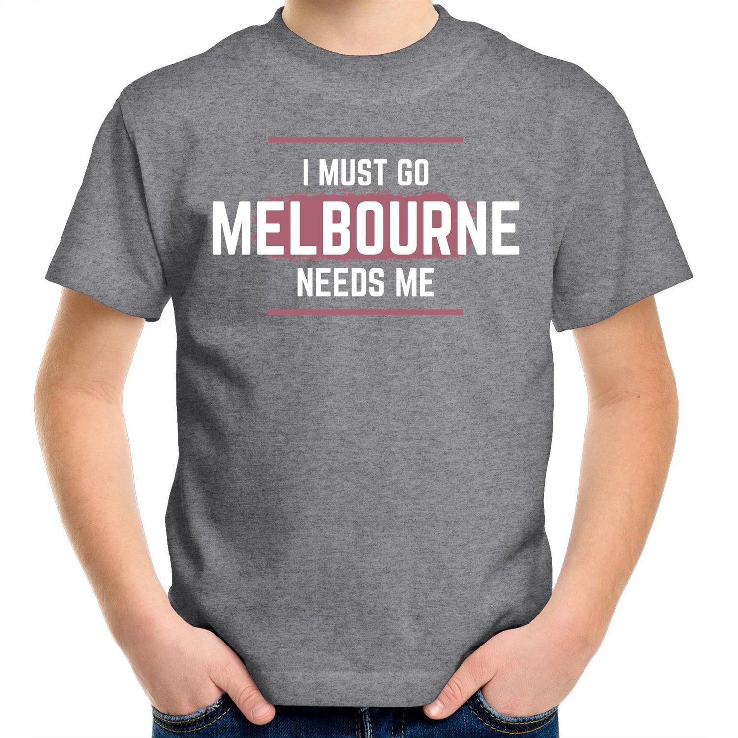 Funny Kids Superhero T-shirt "I Must Go, Melbourne Needs Me" - Boys & Girls Youth Crew Tee