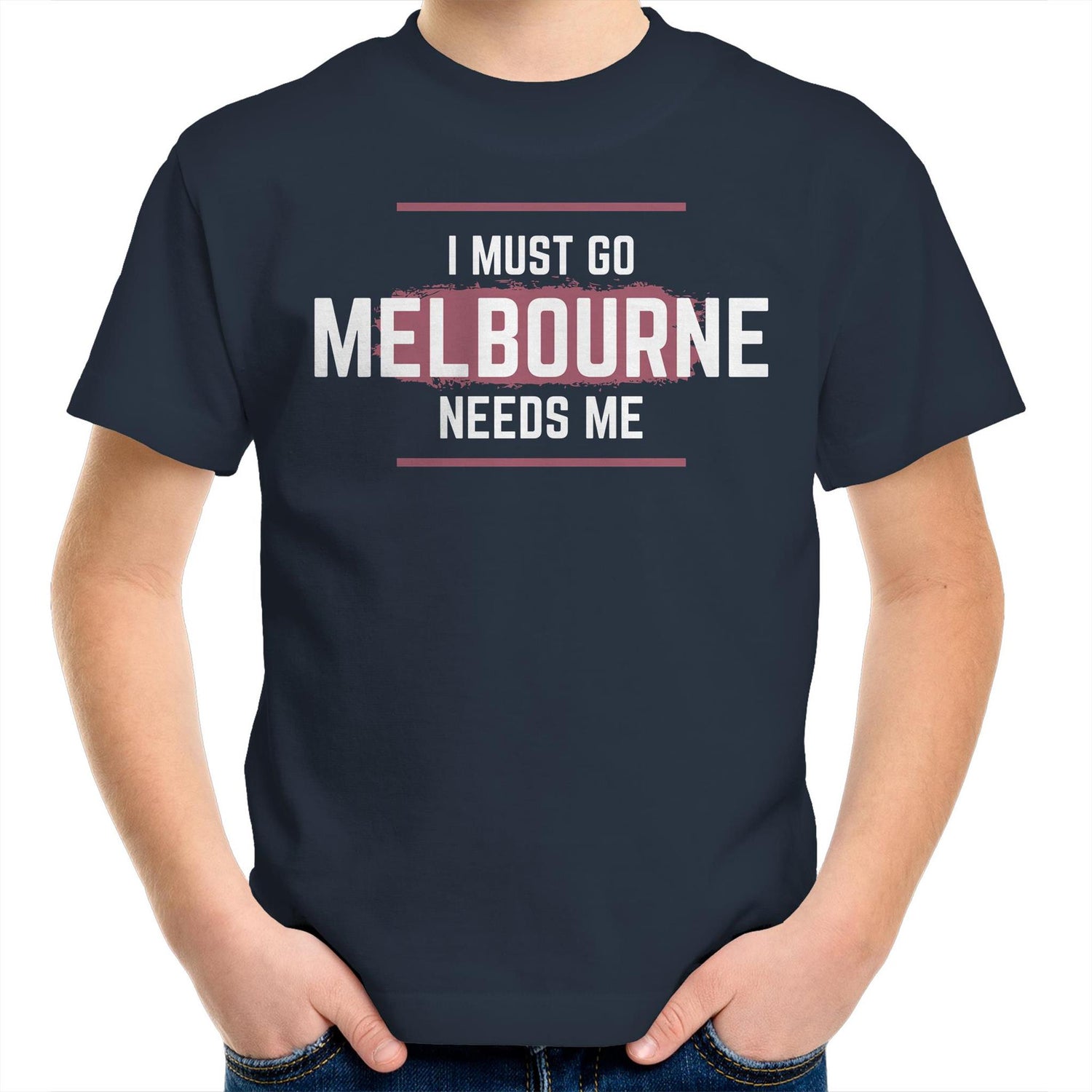 Funny Kids Superhero T-shirt "I Must Go, Melbourne Needs Me" - Boys & Girls Youth Crew Tee