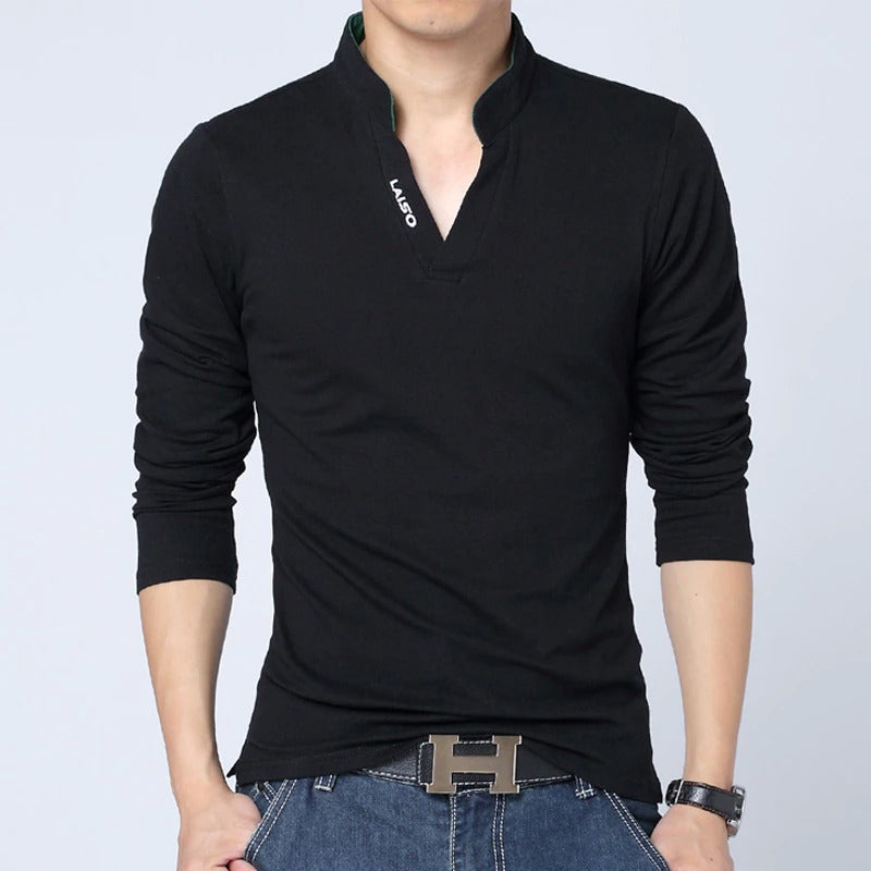 Mandarin Collar Long-Sleeve Men's Cotton T-Shirt